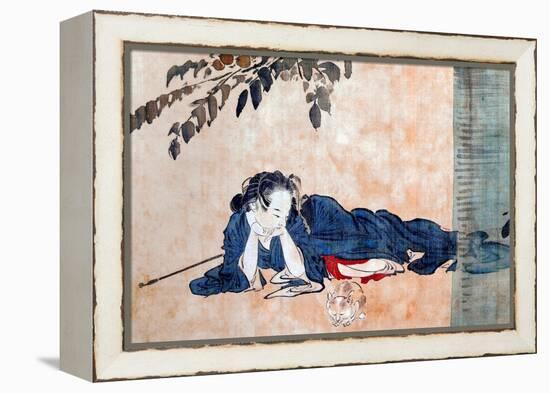 Reclining Beauty and Cat-Kyosai Kawanabe-Framed Premier Image Canvas