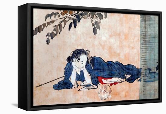 Reclining Beauty and Cat-Kyosai Kawanabe-Framed Premier Image Canvas