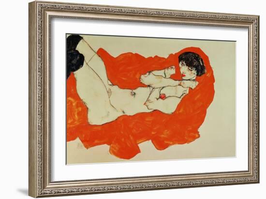 Reclining Female Nude on Red Drape, 1914-Egon Schiele-Framed Giclee Print