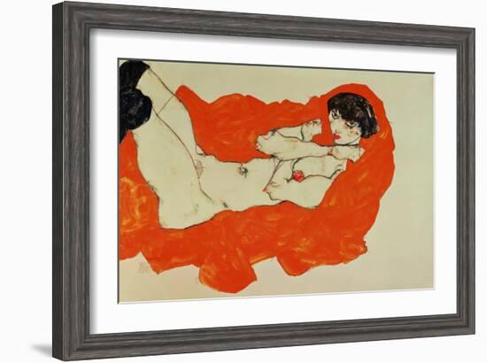 Reclining Female Nude on Red Drape, 1914-Egon Schiele-Framed Giclee Print