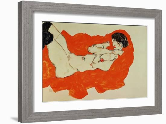 Reclining Female Nude on Red Drape, 1914-Egon Schiele-Framed Giclee Print