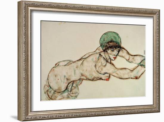 Reclining Female Nude with Green Cap, Leaning to the Right, 1914-Egon Schiele-Framed Giclee Print