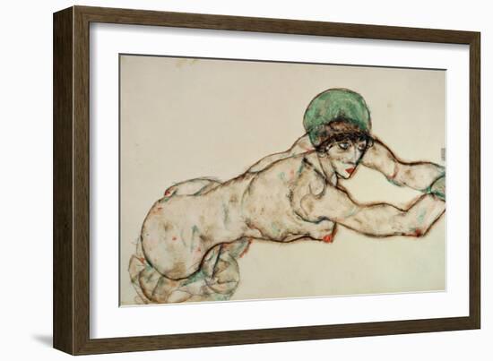 Reclining Female Nude with Green Cap, Leaning to the Right, 1914-Egon Schiele-Framed Giclee Print