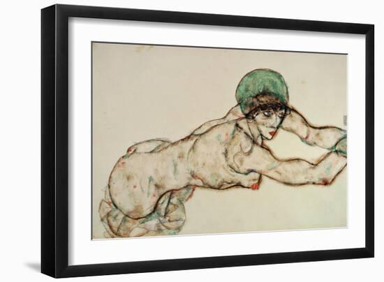 Reclining Female Nude with Green Cap, Leaning to the Right, 1914-Egon Schiele-Framed Giclee Print