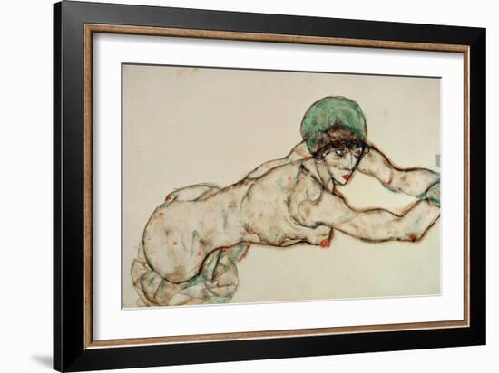 Reclining Female Nude with Green Cap, Leaning to the Right, 1914-Egon Schiele-Framed Giclee Print