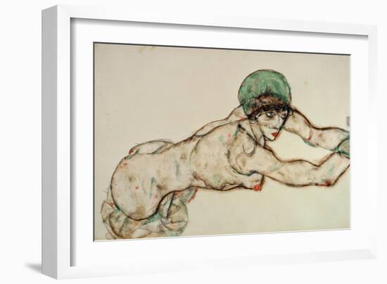 Reclining Female Nude with Green Cap, Leaning to the Right, 1914-Egon Schiele-Framed Giclee Print