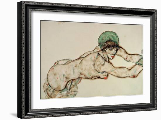 Reclining Female Nude with Green Cap, Leaning to the Right, 1914-Egon Schiele-Framed Giclee Print