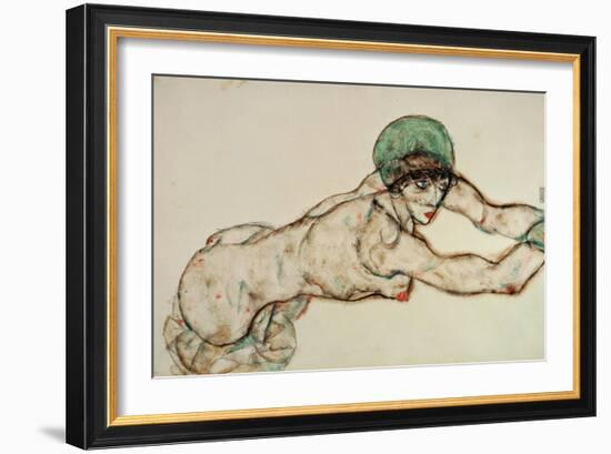 Reclining Female Nude with Green Cap, Leaning to the Right, 1914-Egon Schiele-Framed Giclee Print