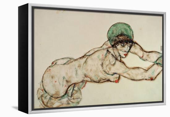 Reclining Female Nude with Green Cap, Leaning to the Right, 1914-Egon Schiele-Framed Premier Image Canvas