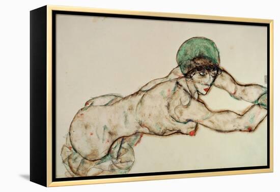 Reclining Female Nude with Green Cap, Leaning to the Right, 1914-Egon Schiele-Framed Premier Image Canvas