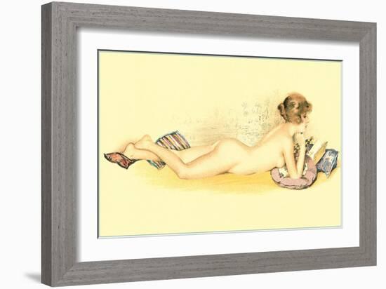 Reclining Nude Reading Book-null-Framed Art Print