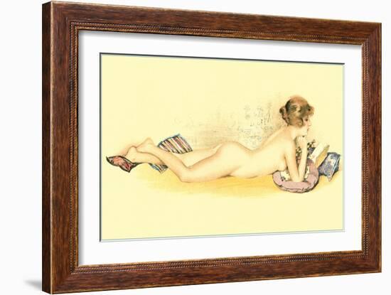 Reclining Nude Reading Book-null-Framed Art Print