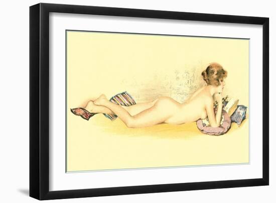 Reclining Nude Reading Book-null-Framed Art Print