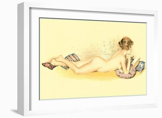 Reclining Nude Reading Book-null-Framed Art Print