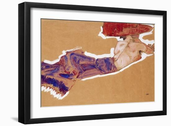 Reclining Semi-Nude with Red Hat, 1910-Egon Schiele-Framed Giclee Print