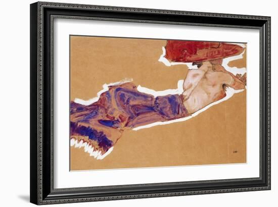 Reclining Semi-Nude with Red Hat, 1910-Egon Schiele-Framed Giclee Print