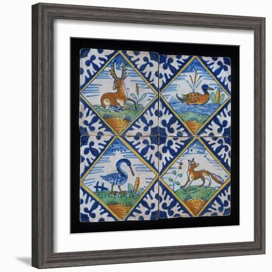 Reclining Stag, Duck, Crane, And Fox on Four Tile Panel, c.1600-50-null-Framed Giclee Print