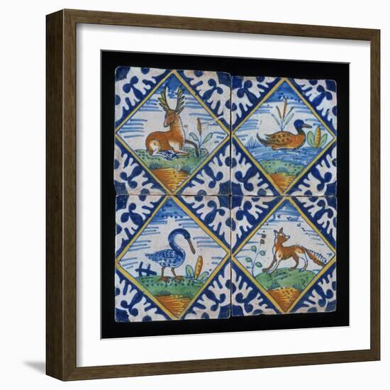 Reclining Stag, Duck, Crane, And Fox on Four Tile Panel, c.1600-50-null-Framed Giclee Print