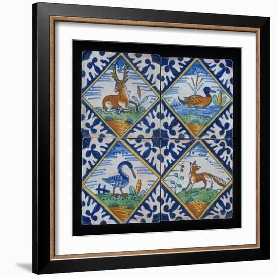 Reclining Stag, Duck, Crane, And Fox on Four Tile Panel, c.1600-50-null-Framed Giclee Print