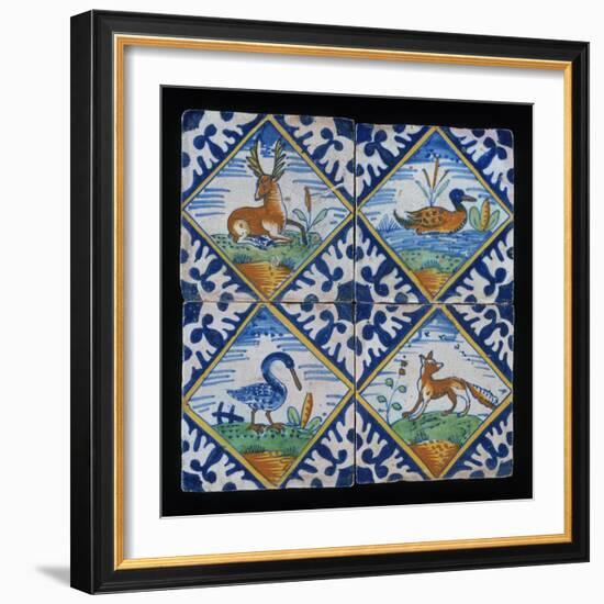 Reclining Stag, Duck, Crane, And Fox on Four Tile Panel, c.1600-50-null-Framed Giclee Print