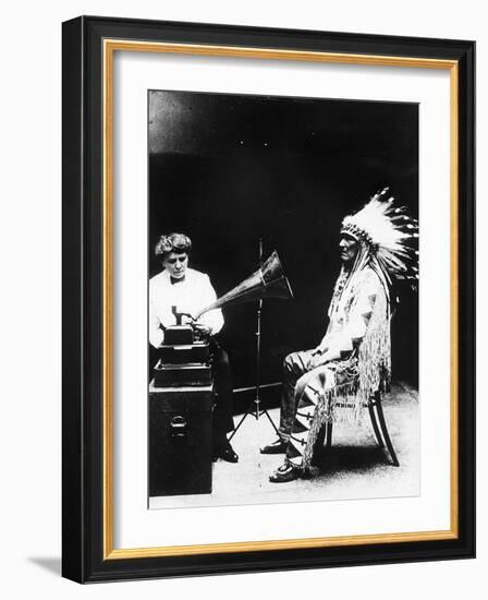 Recording of Indian Voices with a Phonograph-null-Framed Photographic Print