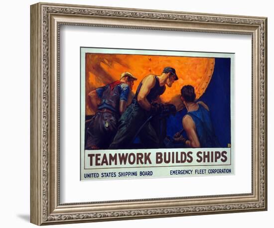 Recruitment Campaign Teamwork Builds Ships , Pub. 1917 (Colour Lithograph)-William Dodge Stevens-Framed Giclee Print