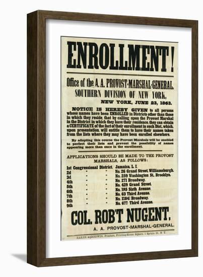 Recruitment Poster for the Southern Division of New York, 23rd June 1863-null-Framed Giclee Print