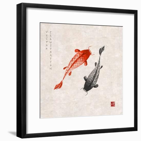 Red and Black Koi Carps Hand Drawn with Ink in Traditional Japanese Painting Style Sumi-E on Vintag-Elina Li-Framed Premium Giclee Print