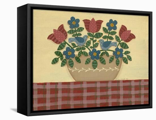 Red and Blue Flowers with Red Tablecloth-Debbie McMaster-Framed Premier Image Canvas