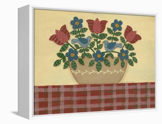 Red and Blue Flowers with Red Tablecloth-Debbie McMaster-Framed Premier Image Canvas