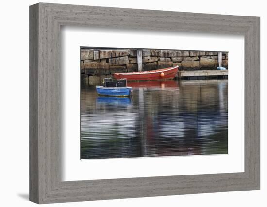 Red and blue row boats on rainy day, Rockport Harbor, Rockport, Massachusetts-Adam Jones-Framed Photographic Print
