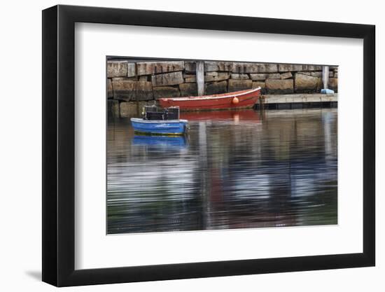 Red and blue row boats on rainy day, Rockport Harbor, Rockport, Massachusetts-Adam Jones-Framed Photographic Print