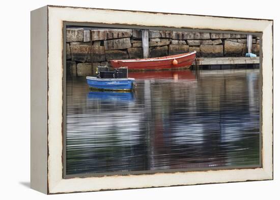 Red and blue row boats on rainy day, Rockport Harbor, Rockport, Massachusetts-Adam Jones-Framed Premier Image Canvas