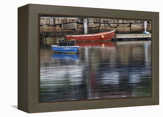 Red and blue row boats on rainy day, Rockport Harbor, Rockport, Massachusetts-Adam Jones-Framed Premier Image Canvas