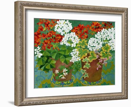 Red and White Geraniums in Pots, 2013-Jennifer Abbott-Framed Giclee Print