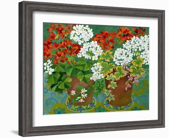 Red and White Geraniums in Pots, 2013-Jennifer Abbott-Framed Giclee Print