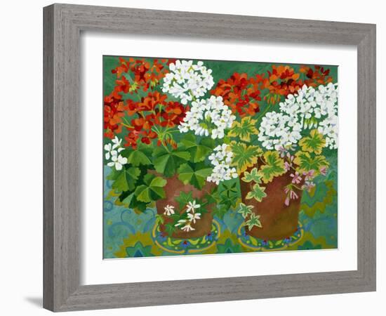 Red and White Geraniums in Pots, 2013-Jennifer Abbott-Framed Giclee Print