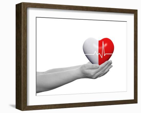 Red and White Human Heart Sign or Symbol with Pulse Held in Human Man or Woman Hands-bestdesign36-Framed Photographic Print