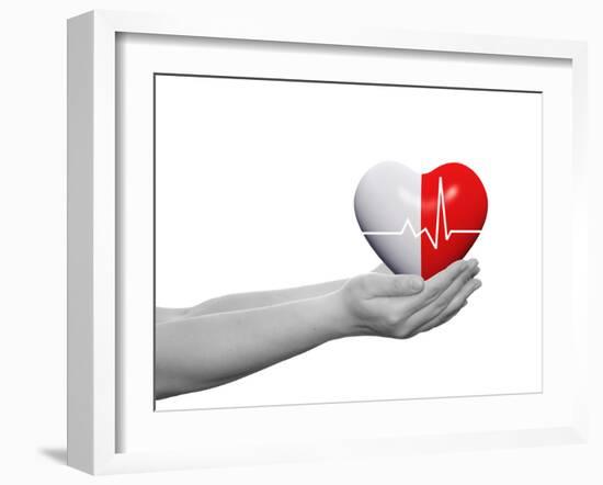 Red and White Human Heart Sign or Symbol with Pulse Held in Human Man or Woman Hands-bestdesign36-Framed Photographic Print