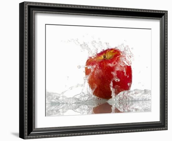 Red Apple with Splashing Water-Michael Löffler-Framed Photographic Print