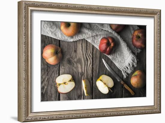 Red Apples and Apple Halves on a Wooden Table Horizontal-Denis Karpenkov-Framed Photographic Print