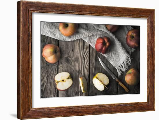 Red Apples and Apple Halves on a Wooden Table Horizontal-Denis Karpenkov-Framed Photographic Print