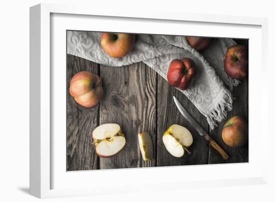 Red Apples and Apple Halves on a Wooden Table Horizontal-Denis Karpenkov-Framed Photographic Print