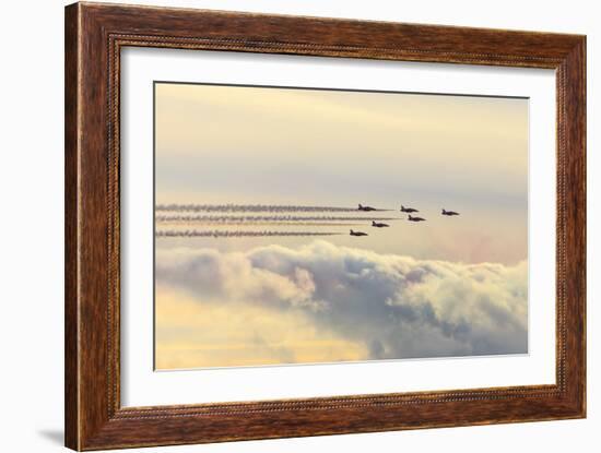 Red Arrows, Royal Air Force aerobatic display team, with colourful sky, England, United Kingdom-Eleanor Scriven-Framed Photographic Print