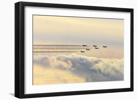 Red Arrows, Royal Air Force aerobatic display team, with colourful sky, England, United Kingdom-Eleanor Scriven-Framed Photographic Print