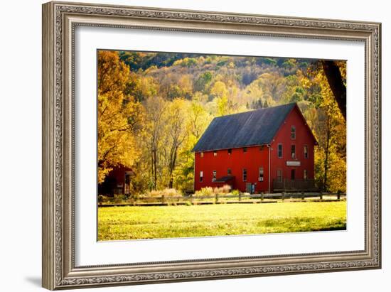 Red Barn and Autumn Foliage, Kent, Connecticut.-Sabine Jacobs-Framed Photographic Print