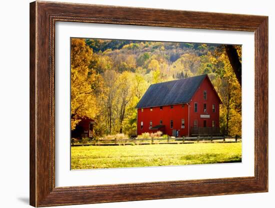 Red Barn and Autumn Foliage, Kent, Connecticut.-Sabine Jacobs-Framed Photographic Print