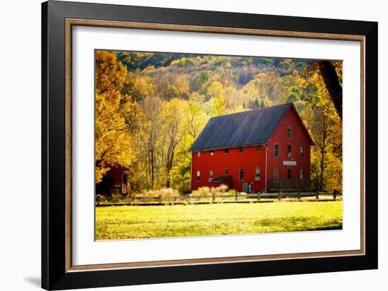 Red Barn and Autumn Foliage, Kent, Connecticut.-Sabine Jacobs-Framed Photographic Print