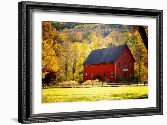 Red Barn and Autumn Foliage, Kent, Connecticut.-Sabine Jacobs-Framed Photographic Print