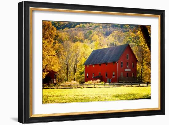 Red Barn and Autumn Foliage, Kent, Connecticut.-Sabine Jacobs-Framed Photographic Print